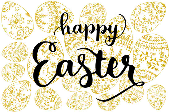 Happy Easter italic handwritten lettering with yellow easter eggs