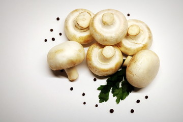 Mushrooms. White mushrooms. Champignon. Fresh mushrooms. Delicious mushrooms. Dietary food. Vegetarian food. Proper nutrition.