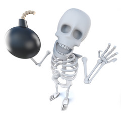 3d Funny cartoon skeleton holding an explosive bomb