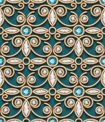Vintage jewelry seamless pattern with diamonds and emerald gems