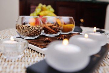 spices - turmeric, star anise, cinnamon, cloves, allspice Spa. Aromatherapy, stone therapy.