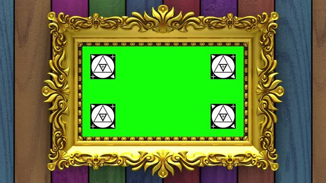Camera zoom into the gold picture frame on background of varicolored wood. Motion tracking markers and green screen included. 3D animation.