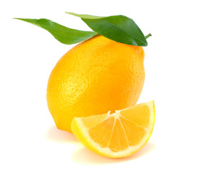 healthy food. lemon with green leaf isolated on white background