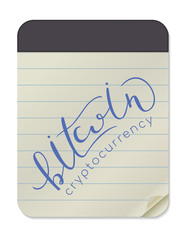 Bitcoin Cryptocurrency - Hand Drawn Lettering on Notebook Template on White Background. Vector Illustration Quote. Handwritten Inscription Phrase for T-shirt Print, Sale, Banner, Logotype, Logo.