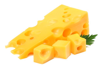 piece of cheese with parsley isolated on white background