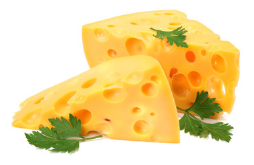 piece of cheese with parsley isolated on white background