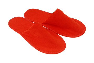 red slippers from hotel, red slippers from airplane are on white, home slippers are on white background, home footwear