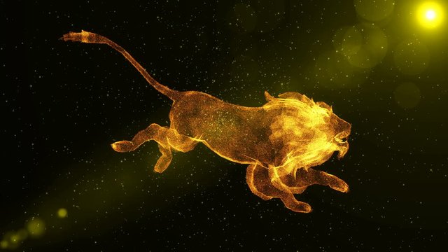 Lion, abstract wild animal running through particles, fantasy 3D animation