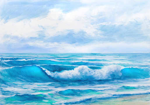 Oil  painting of the sea on canvas.Sketch.