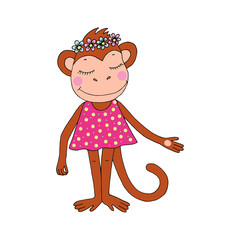 Cute colorful cartoon monkey in pink dress