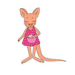 Cute colorful cartoon kangaroo in pink dress