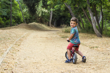 Fototapeta na wymiar Cute little boy cycling in sunny summer park..