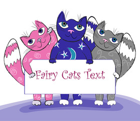 Three cartoon cats holding a frame in their paws -- isolated on white background