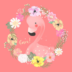 Cute baby safari animal flamingo bird in the beautiful floral, flowers wreath, frame, bouquet. Coucou lettering