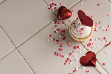 Flay lay Valentines cupcakes  with text space to the left