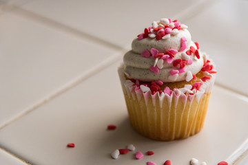 Close up view of a sprinkled cupcake with text space to the left