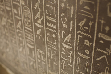 Egyptian hieroglyphs on the wall.