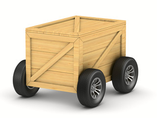 cargo box with wheel on white background. Isolated 3D illustration