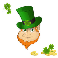 Symbol of St. Patrick's Day. Portrait of a gnome in a hat with clover leaves