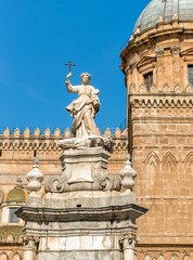 View of Santa Rosalia statue in front of the Palermo Cathedral, Sicily, southern Italy
