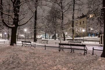 Planty park in the winter night, Krakow, Poland