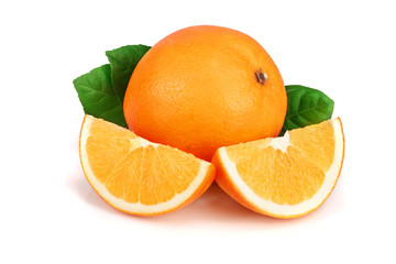 Orange with slice and leaf isolated on the white background