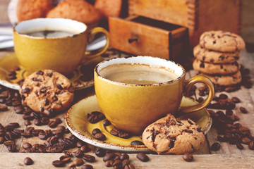 Composition with  coffee cup and tasty cookies 