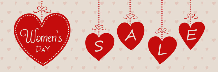 Fototapeta na wymiar Women's Day Sale - cute banner with hearts. Vector.