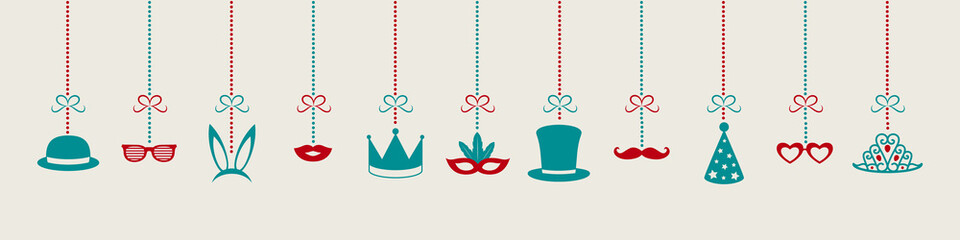 Hanging Party elements - funny costumes. Panoramic header for carnival, party, birthday and photobooth. Vector.