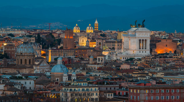 Rome panorama at sunset from the Gianicolo Hill Terrace.
