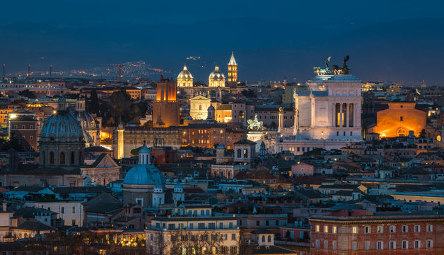 Rome panorama at sunset from the Gianicolo Hill Terrace.