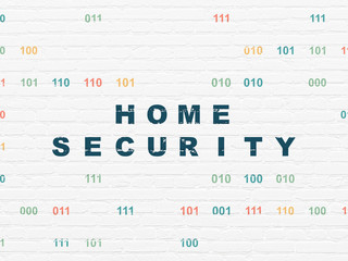 Privacy concept: Painted blue text Home Security on White Brick wall background with Binary Code