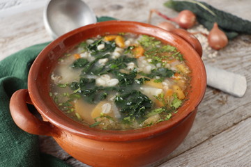 Scottish pearl soup with cabbage kale.