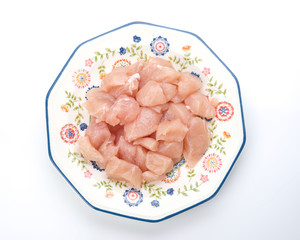 pieces of chicken breast on decorated porcelain plate