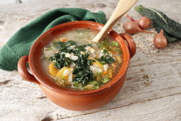 Scottish pearl soup with cabbage kale.