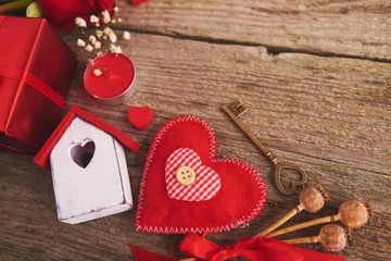 Valentines day background with different hearts over wood board