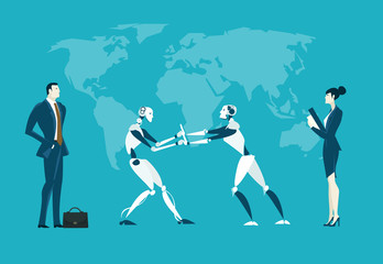 Fototapeta na wymiar RPA Robotic progress automatisation concept illustration. Humans vs Robots. Human and robot fighting for the managing position