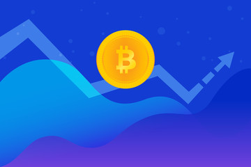 Bitcoin golden symbol concept gradient vector illustration of huge growth and down trend on cryptocurrency markets. Abstract financial graphs with gold coin and big arrow going up on blue background