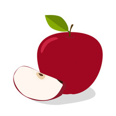 Red Apple with Green Leaves and Apple Slice Vector Illustration.