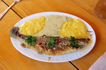 trout fried with banusz and mushroom soup