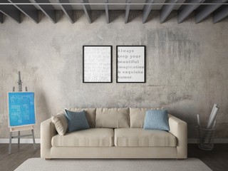 Mock up a fashionable living room with a comfortable stylish sofa and hipster background.