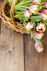 A bouquet of tulips with yellow and red for a gift. On a brown wooden background. Free method for text.