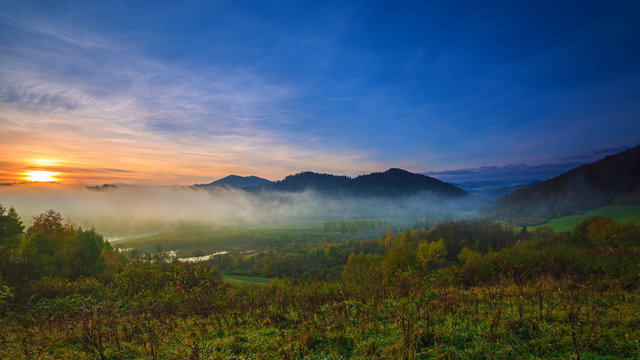 Fog in the Bieszczady Mountains at sunrise