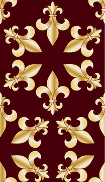 Seamless pattern with golden heraldic fleur de lis flowers.
