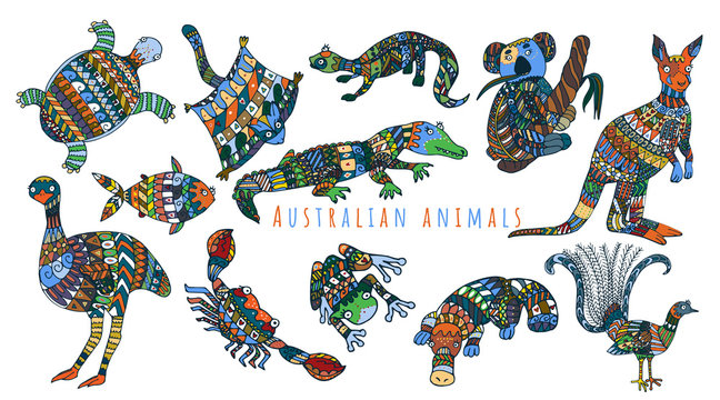Colorful tribal set of australian animals. Cute stylized australian animals collection.