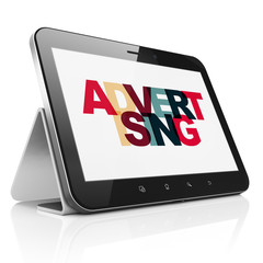 Marketing concept: Tablet Computer with Painted multicolor text Advertising on display, 3D rendering