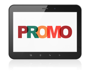 Advertising concept: Tablet Computer with Painted multicolor text Promo on display, 3D rendering