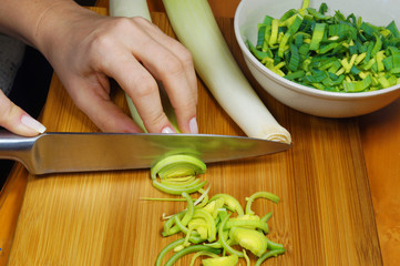 Preparation of leek salad, feminine hand, knife, bowl, horizontal frames