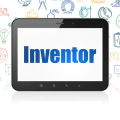Science concept: Tablet Computer with  blue text Inventor on display,  Hand Drawn Science Icons background, 3D rendering