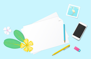 Workplace vector mock-up set with office supplies. Flat lay top view on realistic mobile phone, flamingo photo, paper, flowers, pencil, pen and eraser. Blog header. Home office, freelance concept.
